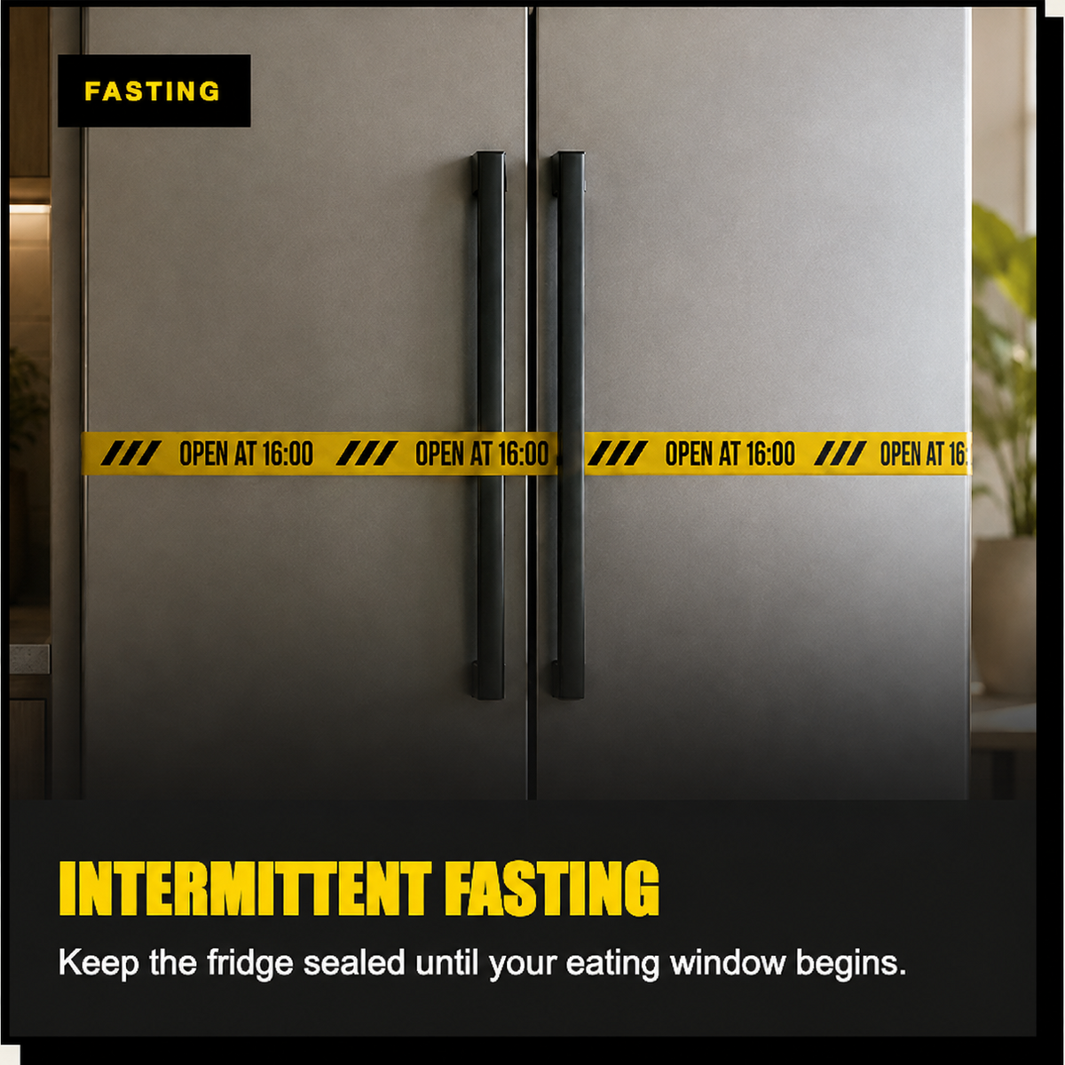 Intermittent fasting: Keep the fridge sealed until your eating window begins. Shown with narrow 35 mm NOPE TAPE.